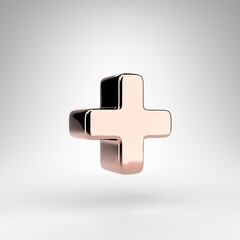 Plus symbol on white background. Rose gold 3D sign with gloss chrome surface.