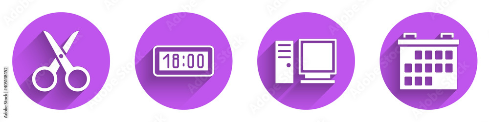 Poster set scissors, digital alarm clock, computer monitor and calendar icon with long shadow. vector.