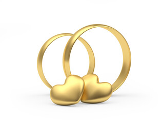 Two gold wedding rings with hearts isolated on white background. 3D illustration
