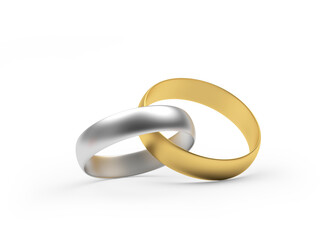 Gold and silver wedding rings connected isolated on white background. 3D illustration