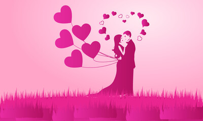 Plakat Concept of valentine day , two enamored under a love tree in the spring season,paper art and craft style.