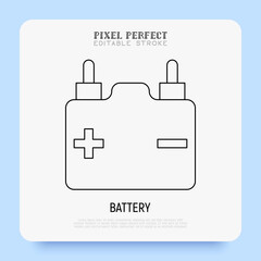 Car battery or accumulator super thin line icon. Pixel perfect, editable stroke. Vector illustration.