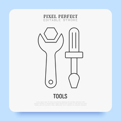 Fototapeta premium Tools: screwdriver and wrench. Repair, fix, support service. Super thin line icon. Pixel perfecr, editable stroke. Vector illustration.