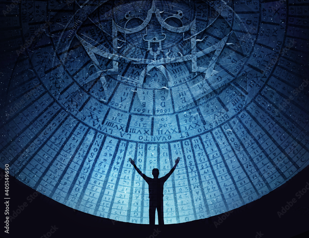 Canvas Prints man against background of starry sky and background of ancient astronomical instruments. the concept