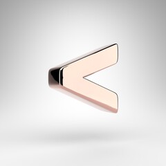 Less than symbol on white background. Rose gold 3D sign with gloss chrome surface.