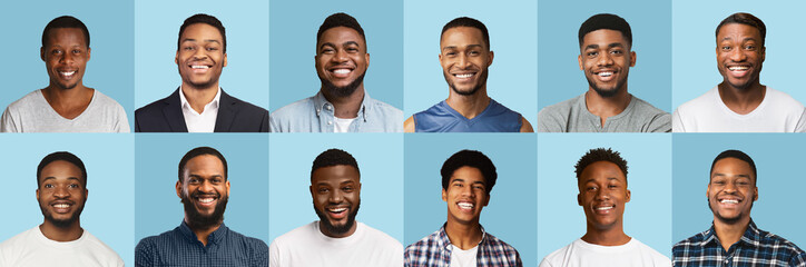 Collage of happy black men smiling on blue backgrounds