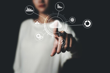 Concept of business women, hands on technology, digital data storage Cloud technology and data exchange around the world.