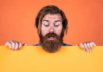 Limited time, blow out sale. need help. bearded man holding placate. wanted. empty paper for your...