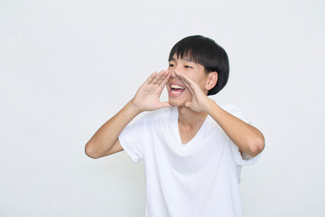 young man holding hands near opened mouth Announcement