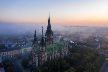Naklejka premium Aerial veiw on Elizabeth church in Lviv, Ukraine from drone