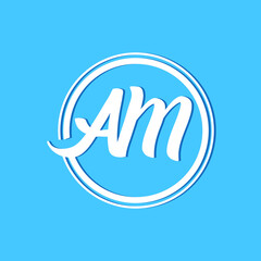 Script style of AM letter vector logo template on blue background