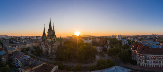 Aerial veiw on Elizabeth church in Lviv, Ukraine from drone. 