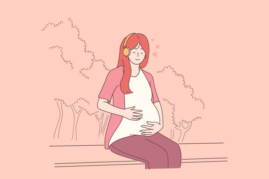 Pregnancy, mother and baby concept. Young smiling asian pregnant mother sitting on bench and listening to music hugging belly expecting for baby vector illustration 