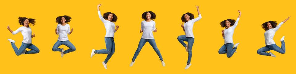 Fototapeta na wymiar Collage of jumping happy african american woman over yellow background, panorama