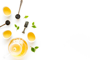Top view of hot and dry tea in teapot and cups. Tea ceremony concept