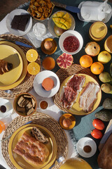 brunch with artichokes mussels croissants fruits brocoli feta salad ham bread and many other food and drink