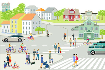 Obraz na płótnie Canvas Stadtansicht mit Menschen und Straßenverkehr, Illustration