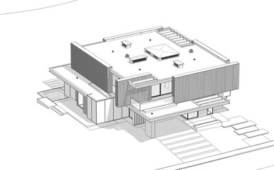 3d rendering of modern cozy house with parking and pool for sale or rent with wood plank facade.  Black line sketch with soft light shadows on white background.