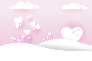 Heart-shaped butterflies on flowers in the mountains in a paper-cut pattern,Vector illustration,Happy Valentine's Day