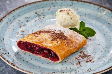 cherry strudel with ice cream