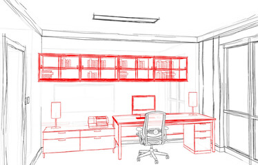 Abstract 3d illustration of a home-office work area in hidden line style with red furniture drawing. Scene looking from left corner.