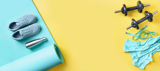 Banner of sport and fitness equipment, female tee-shirt, yoga mat, shoes, water bottle on yellow....