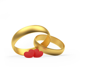Two wedding rings and red hearts isolated on white background. 3D illustration