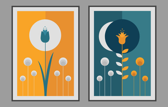 Art prints, flowers design for wall decoration, poster, placard, brochure cover. Typography pattern. Vintage, retro scandinavian style. Floral background, backdrop, banners. Decoration wallpaper.