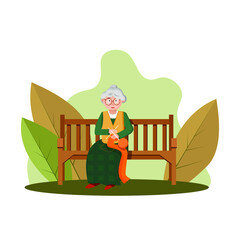Obraz na płótnie Canvas Vector illustration . Granny in glasses sits on a bench and knits.