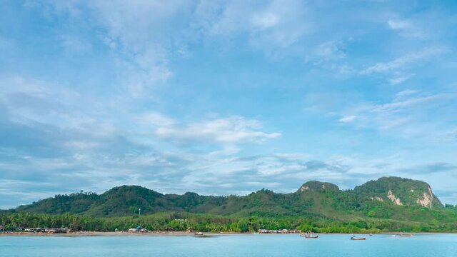 nature landscape background, cloudscape scenery, blue sky clouds and sea in small island in Thailand, Koh Mook, popular island. local fishing boat traveling in beautiful sea clouds spread over sky day