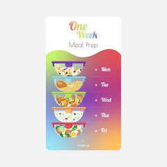 One week meal prep social media template with fruits, vegetables, nuts, chicken and garnish stored in containers. Healthy and tasty food. Modern lifestyles. Saving money and time
