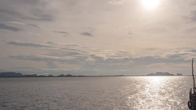 nature landscape background, cloudscape scenery, blue sky clouds and sea in small island in Thailand, Koh Mook, popular island. local fishing boat traveling in beautiful sea clouds spread over sky day