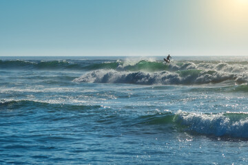 Fototapeta premium Surfer on the crest of a wave, on a board. Professional training.