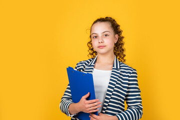 Library assistant. Happy girl hold library folder. School library. Knowledge and information....