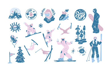 Collection of snowboarders and skier sticker.Extreme winter mountain activity.Set of people wearing outfit riding snowboard.Vector illustration in flat cartoon style.active lifestyle.Christmas tree