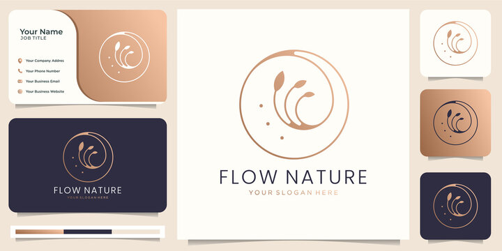 minimalist flow nature logo vector template. creative concept of flow nature with leaf minimalist circle line art style. vector illustration with business card template. premium vector