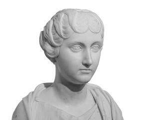 Ancient white marble sculpture bust of Faustina the Younger. Wife of Roman Emperor Marcus Aurelius. Statue of young woman isolated on white