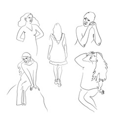Set of single line drawings of women portraits, sitting, walking. Isolated on white background. Stock vector illustration.