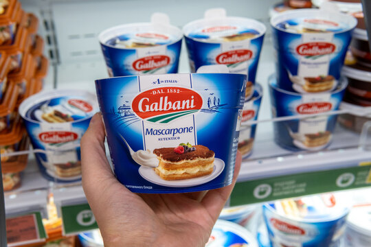 Tyumen, Russia-November 07, 2020: Mascarpone Italian galbani Gran Gusto traditions of the Italian brand Galbani, Italy.