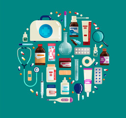 Pharmacy set items. Medicines, medical products. Vector illustration in flat cartoon style.