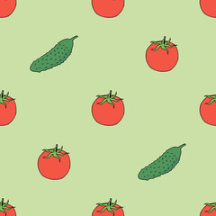 Seamless pattern with tomato and cucumber on light green background. Vector image.