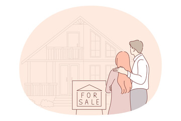 Relocating, dreaming of new apartment concept. Young happy couple cartoon characters standing backwards and looking at prefect house for sale dreaming of relocating in apartment vector illustration 