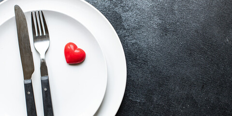 festive table setting plate, fork, knife valentines day background romance mothers day care or 8 march love pleasant top view copy space for text food background rustic