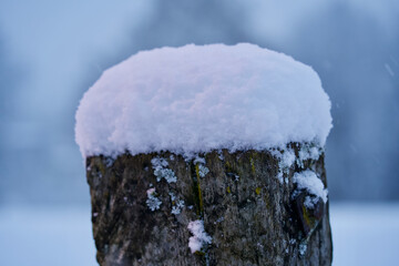 Wooden pole covered with fresh snow.