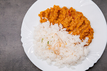 Lentil dhal with rice. Healthy vegetarian food.