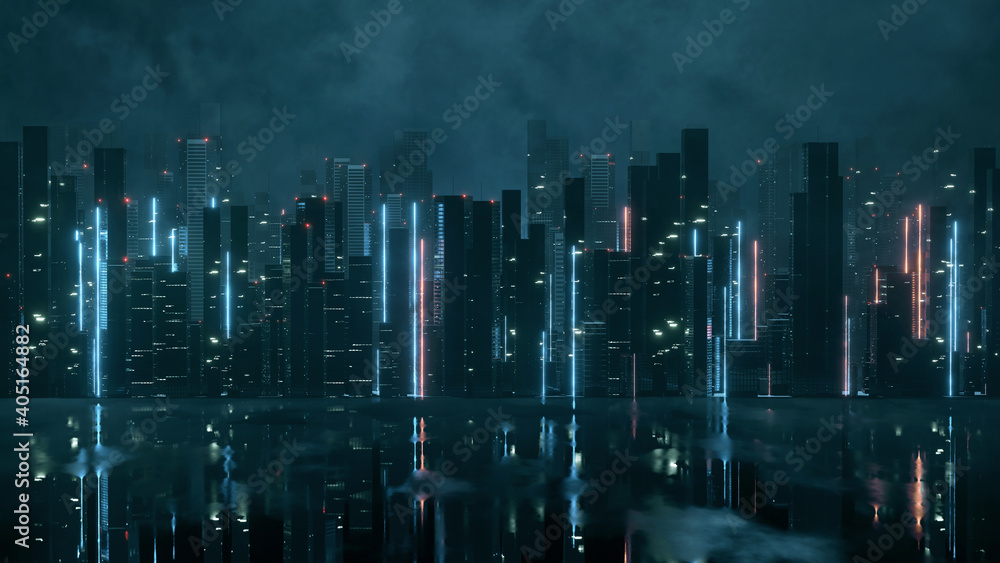Poster 3d rendering of abstract neon mega city with light reflection from puddles on street. concept for ni