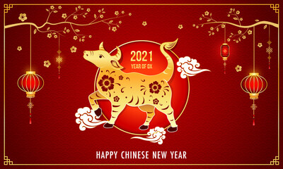 Happy Chinese New Year 2021, year of the ox. Vector of golden ox character with red background.