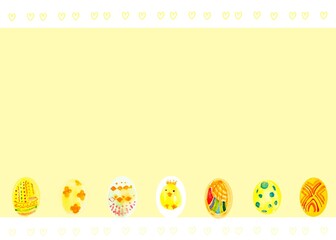 A yellow frame decorated with easter eggs and a babychick