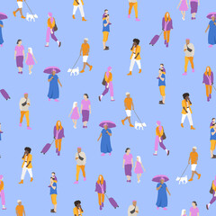 Vector seamless pattern with people walking on the street. Men, women, children outdoors with different kinds of activities. Colorful background with tiny people. Illustration in flat style