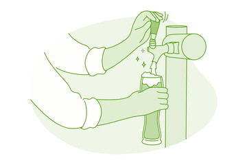 Draft beer from tap, brewery and bar concept. Hands of bartender barista pouring fresh frothy beer from tap to glass serving to customer vector illustration. Ale later drink and oktoberfest 